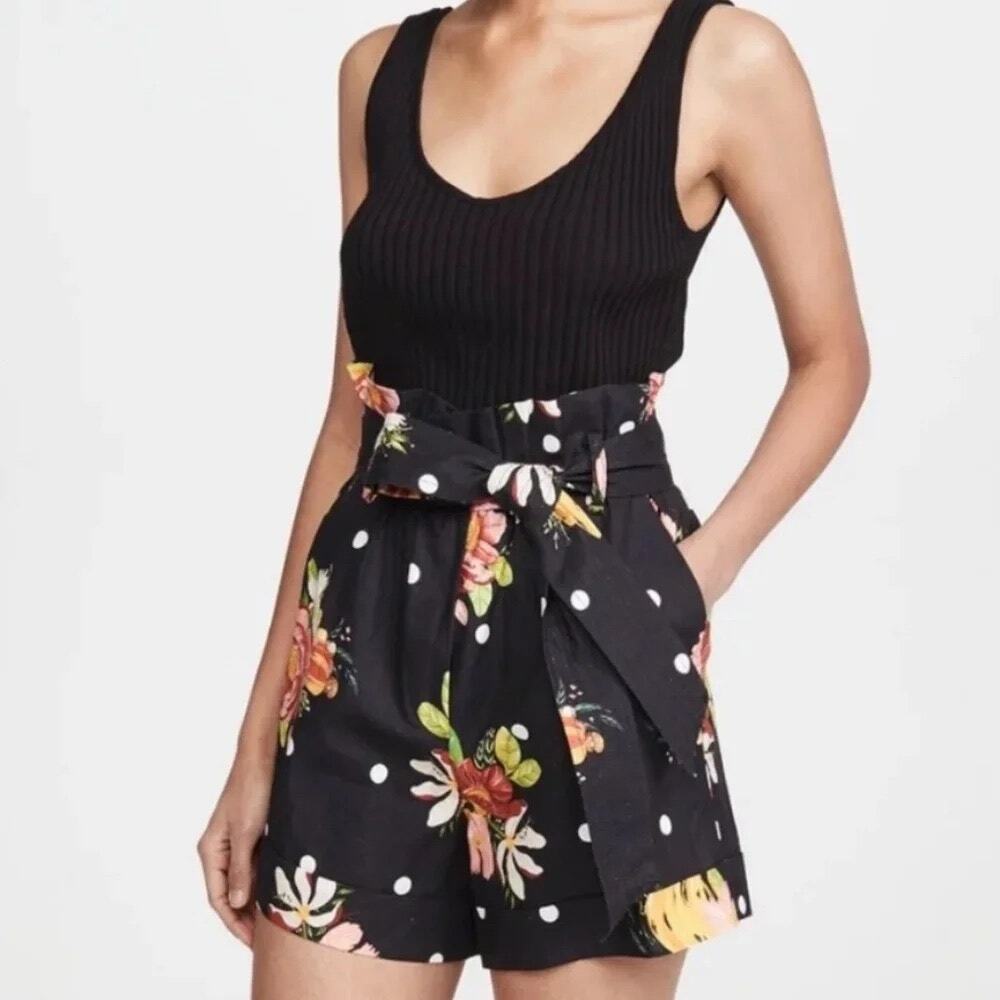 Farm Rio Floral Polka Dot Linen Viscose Paperbag Shorts Size S Black